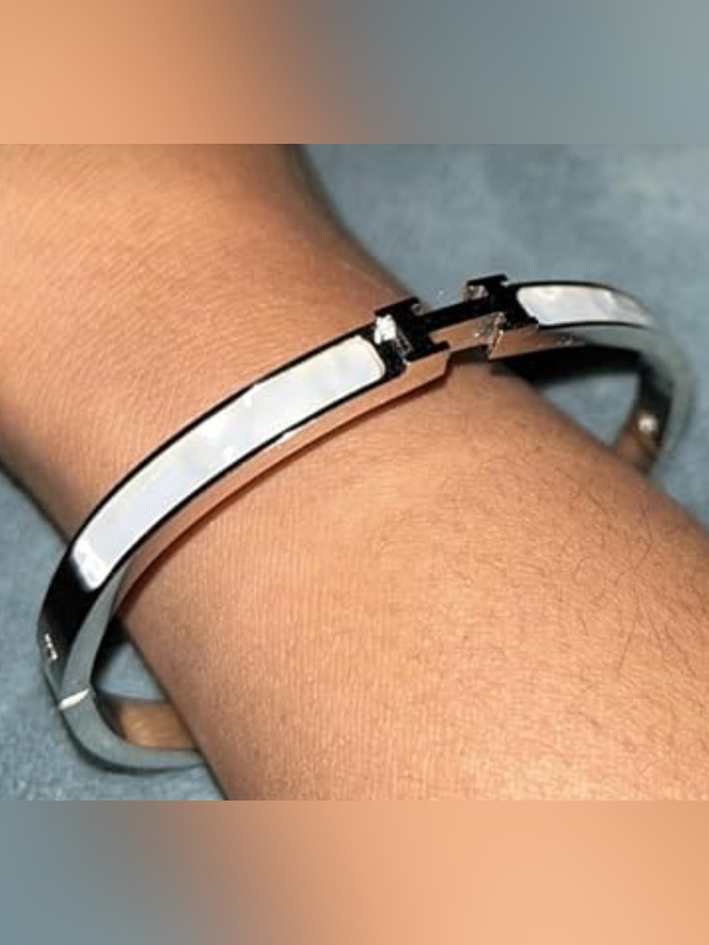 Luxurious Minimalist Silver Tone H Bangle Bracelet | Stainless Steel Cuff